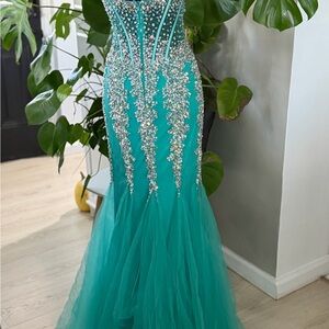 Teal Beaded Mermaid Tulle Gown